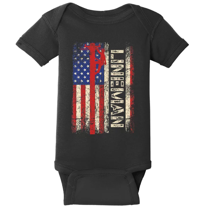 Lineman Us American Flag Patriotic Electrician Dad Baby Bodysuit