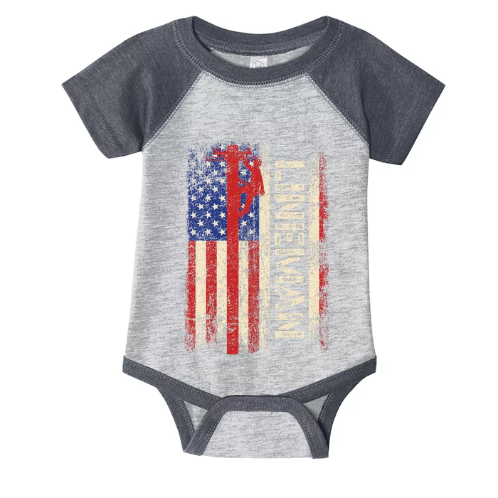 Lineman Us American Flag Patriotic Electrician Dad Infant Baby Jersey Bodysuit