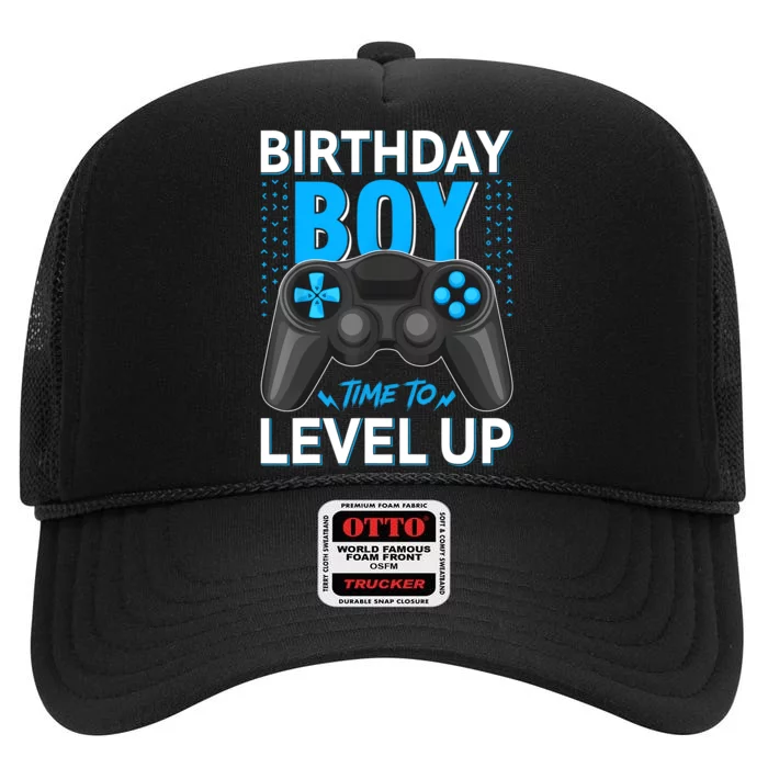 Level Up Birthday Boy Gamer Kids Party Video Game Gift High Crown Mesh Trucker Hat