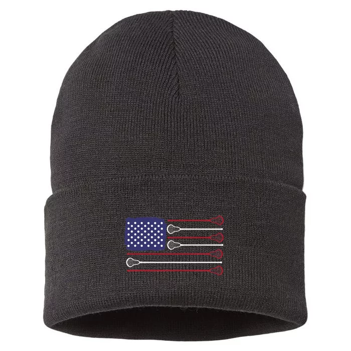 Lacrosse USA Flag Lacrosse Player Men Woman Kids Sustainable Knit Beanie