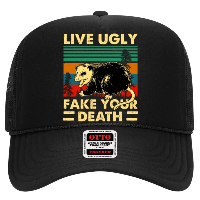 Live Ugly Fake Your Death Trash Opossum High Crown Mesh Trucker Hat