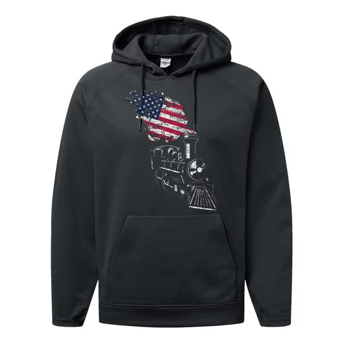 Locomotive Us Flag Railroad Model Train Patriotic Train Performance Fleece Hoodie