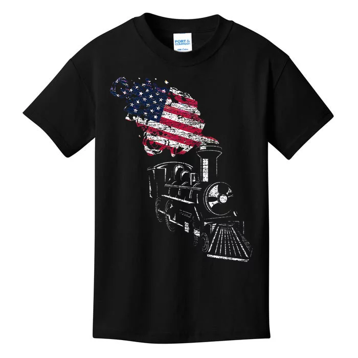 Locomotive Us Flag Railroad Model Train Patriotic Train Kids T-Shirt