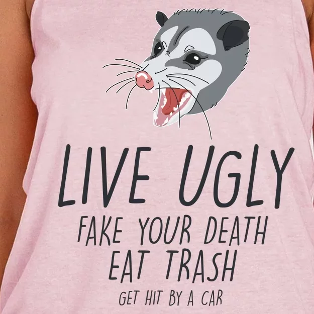 Live Ugly Fake Your Death Eat Trash Opossum Women's Knotted Racerback Tank