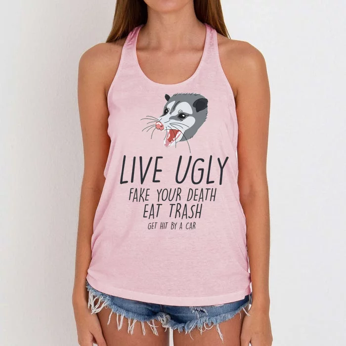 Live Ugly Fake Your Death Eat Trash Opossum Women's Knotted Racerback Tank