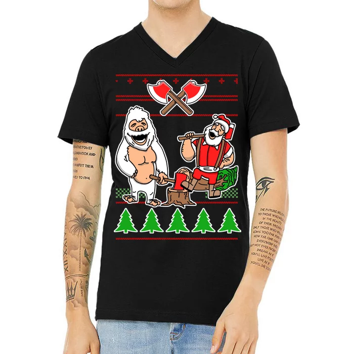 Lumberjack Santa Ugly Christmas Sweater V-Neck T-Shirt