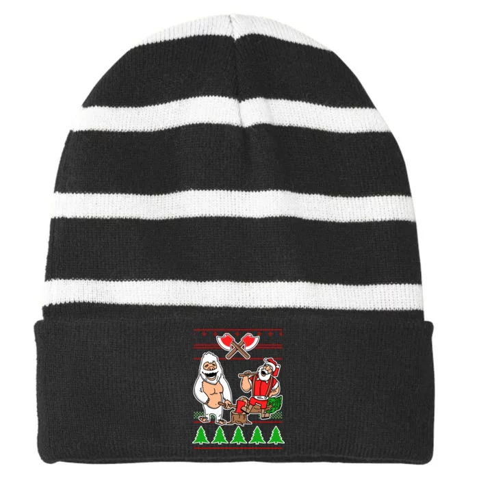 Lumberjack Santa Ugly Christmas Sweater Striped Beanie with Solid Band