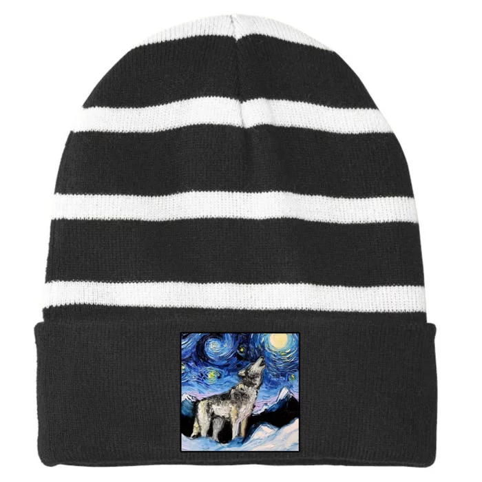 Lupine Night Wolf Painting Striped Beanie with Solid Band