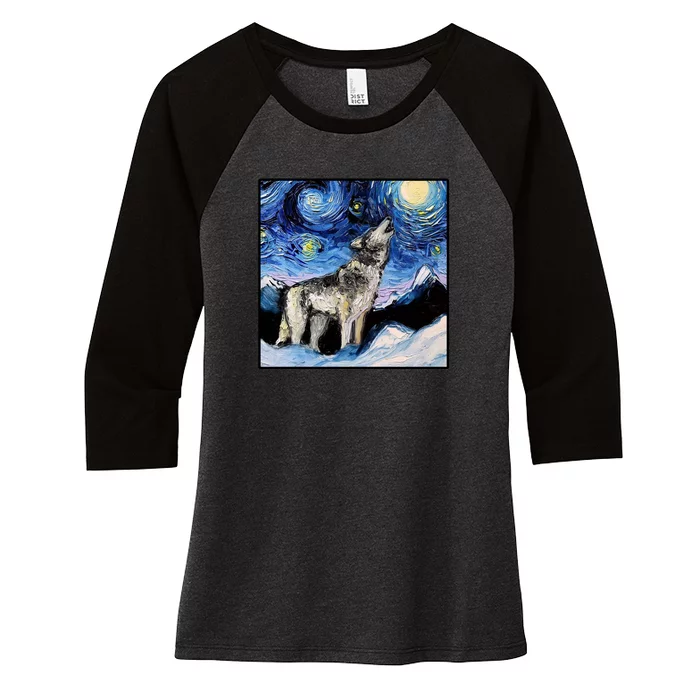 Lupine Night Wolf Painting Women's Tri-Blend 3/4-Sleeve Raglan Shirt