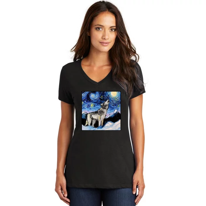 Lupine Night Wolf Painting Women's V-Neck T-Shirt