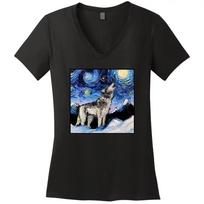 Lupine Night Wolf Painting Women's V-Neck T-Shirt