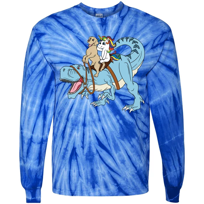 Labrador Unicorn Riding Dinosaur Trex Dino Great Gift Tie-Dye Long Sleeve Shirt