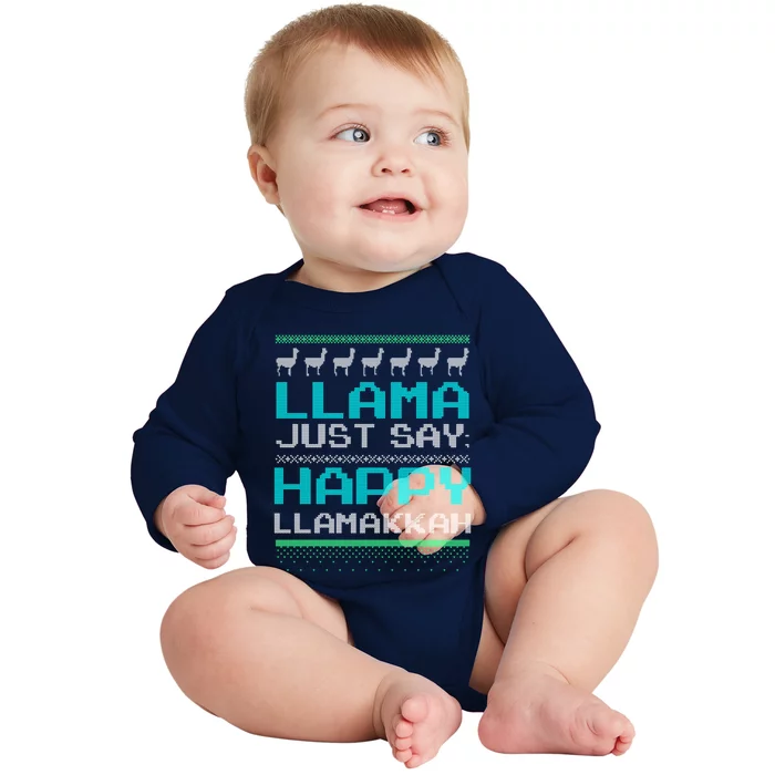 Llama Ugly Sweater Design Happy Llamakah Hannukah Gift Baby Long Sleeve Bodysuit