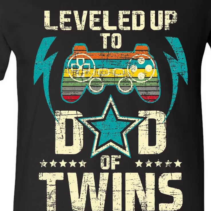 Leveled Up To Dad Of Twins Twin Dad Father Of Twins V-Neck T-Shirt