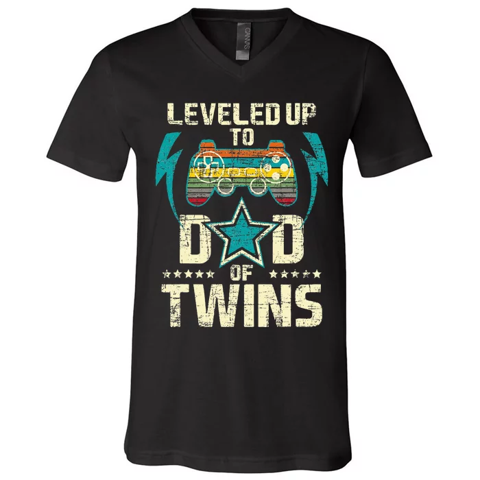 Leveled Up To Dad Of Twins Twin Dad Father Of Twins V-Neck T-Shirt