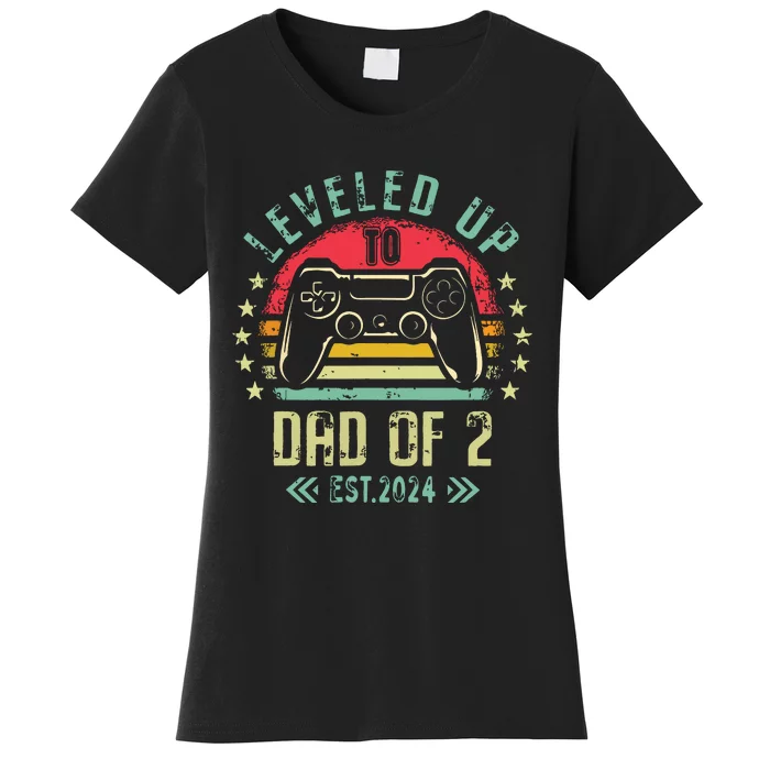 Leveled Up To Dad Of 2 Daddy Again 2024 Gamer Fathers Day Women's T-Shirt