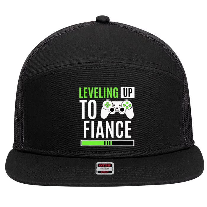 Leveled Up To Fiance Just Engaged Newly Engaged Couple 7 Panel Mesh Trucker Snapback Hat