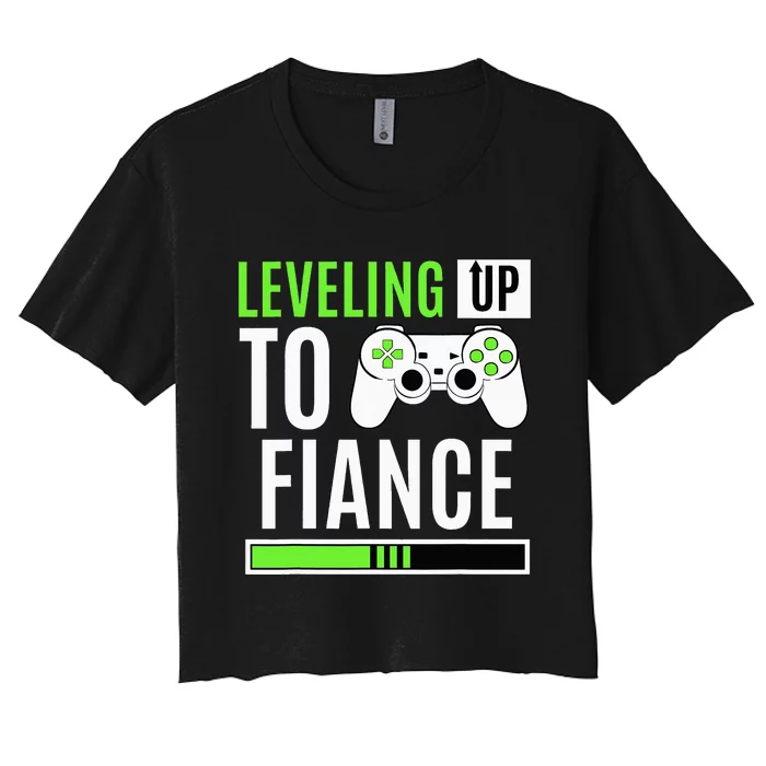 Leveled Up To Fiance Just Engaged Newly Engaged Couple Women's Crop Top Tee