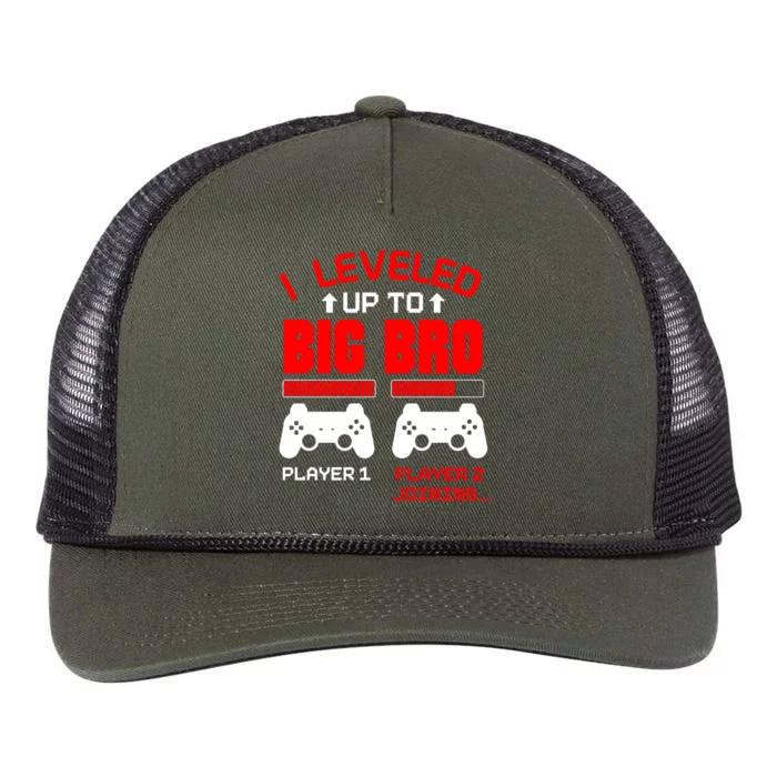 Leveled Up To Big Bro New Big Brother Gamer Gift Announcement Retro Rope Trucker Hat Cap