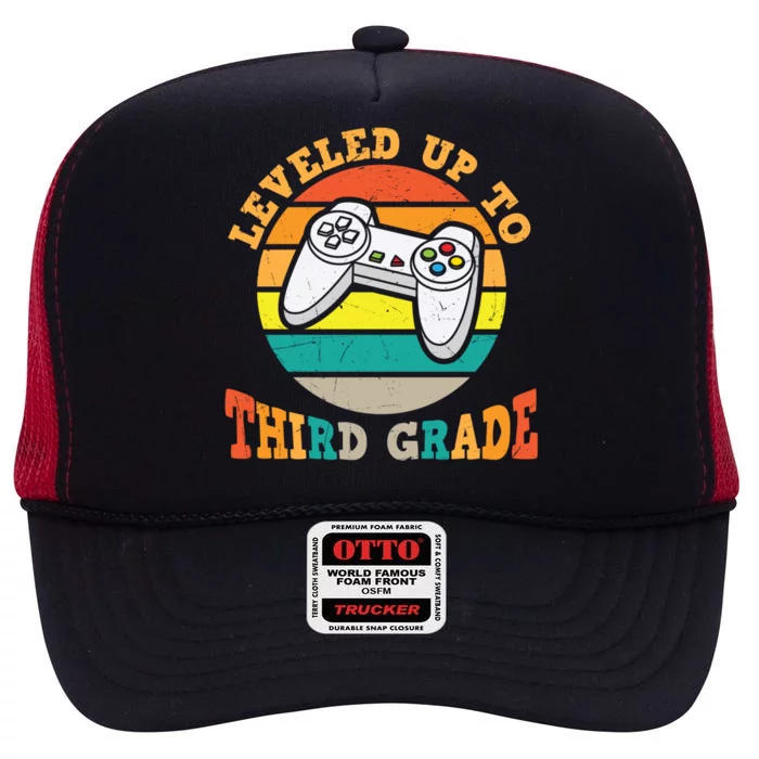 Leveled Up To Third Grade Cute 3Rd Grade Gift High Crown Mesh Trucker Hat