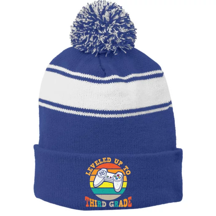 Leveled Up To Third Grade Cute 3Rd Grade Gift Stripe Pom Pom Beanie