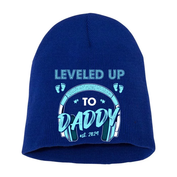 Leveled Up To Daddy Est 2024 Pregnancy Fathers Day Gift Short Acrylic Beanie