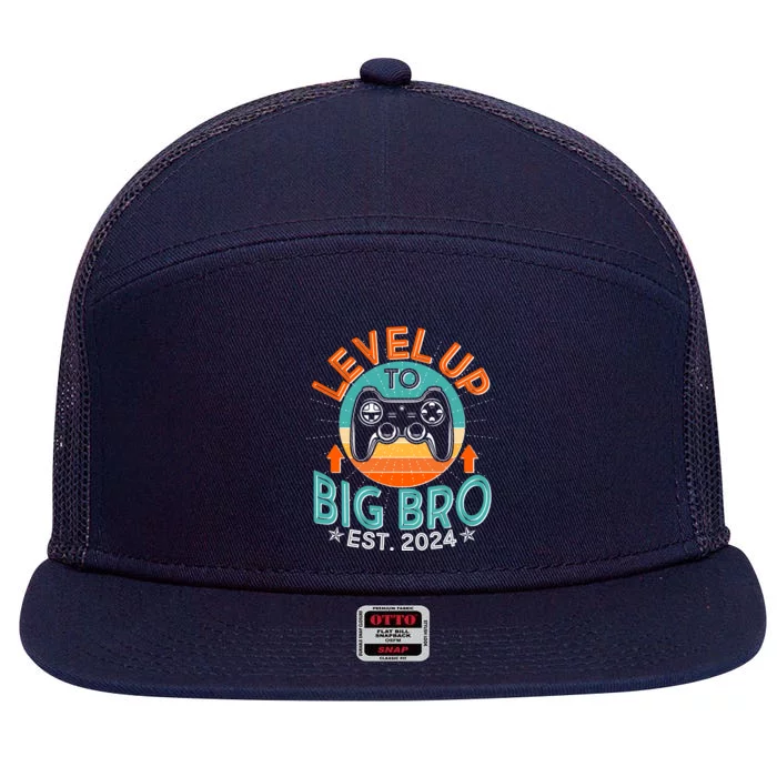 Level Up To Big Bro Est 2024 New Baby Sibling Gamer 7 Panel Mesh Trucker Snapback Hat