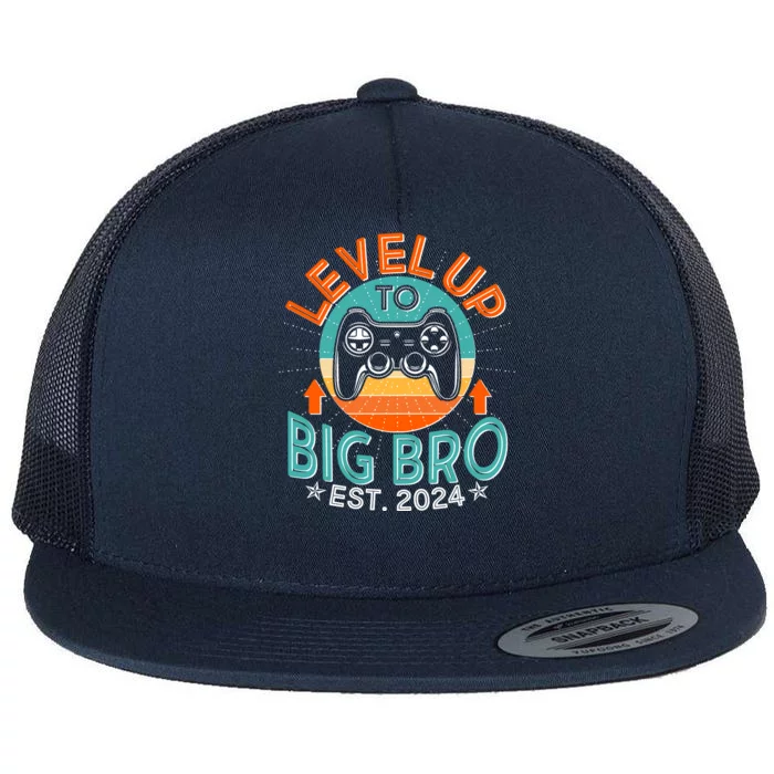 Level Up To Big Bro Est 2024 New Baby Sibling Gamer Flat Bill Trucker Hat