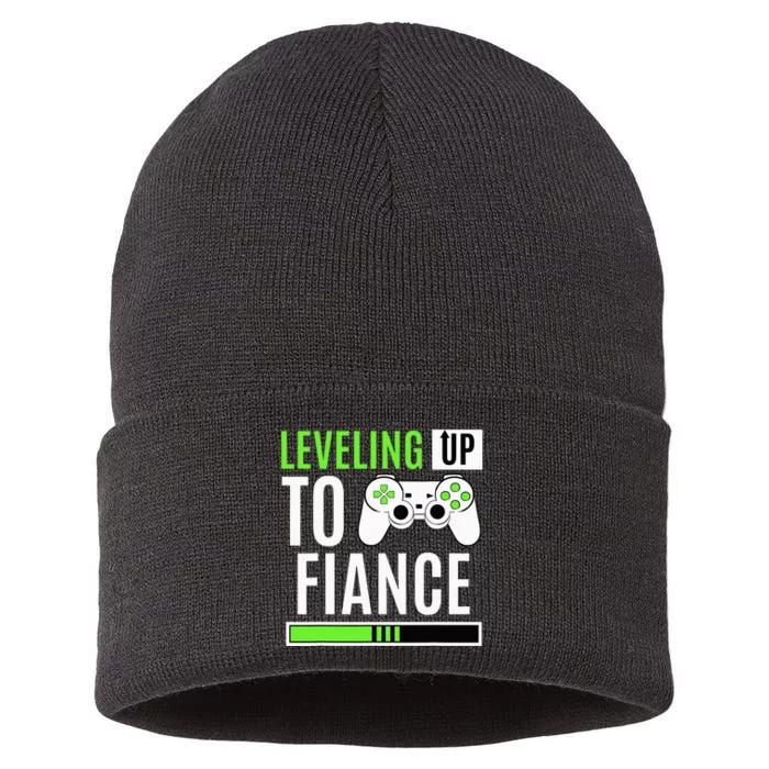 Leveling Up To Fiance Gaming Gender Reveal Announcement Sustainable Knit Beanie