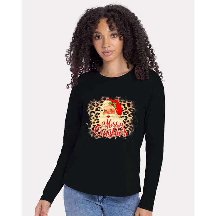 Leopard Vintage 70s Santa Merry Christmas Santa Claus Face Funny Gift Womens Cotton Relaxed Long Sleeve T-Shirt