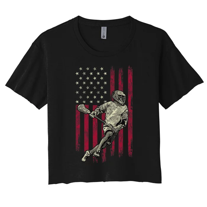 Lacrosse Vintage American Flag 4th Of July Women's Crop Top Tee