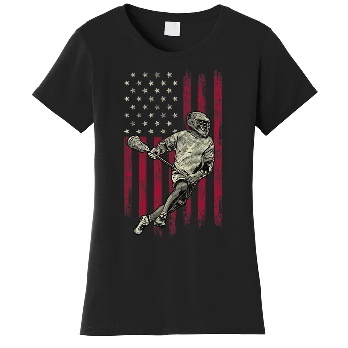 Lacrosse Vintage American Flag 4th Of July Women's T-Shirt