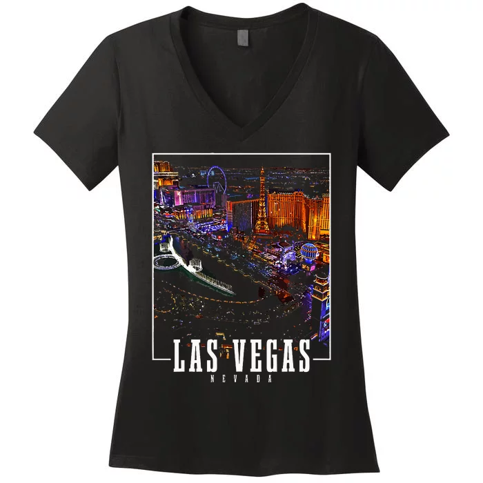 Las Vegas At Night Nevada Skyline Souvenir Las Vegas Women's V-Neck T-Shirt