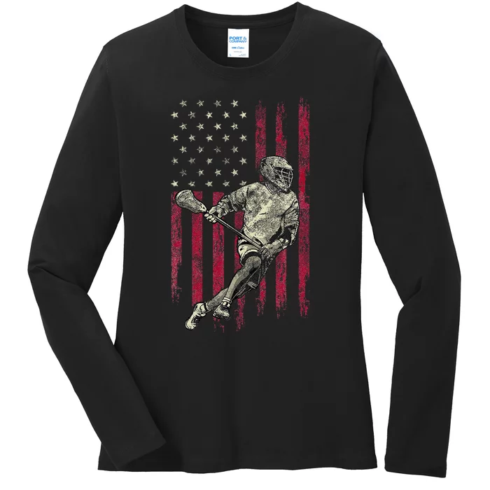 Lacrosse Vintage American Flag Ladies Long Sleeve Shirt