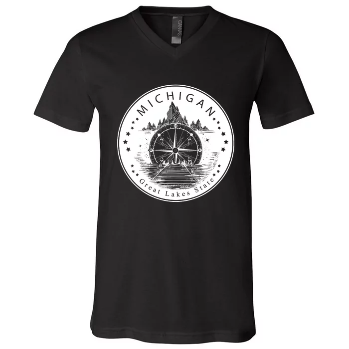 Lake View Compass Michigan Logo V-Neck T-Shirt