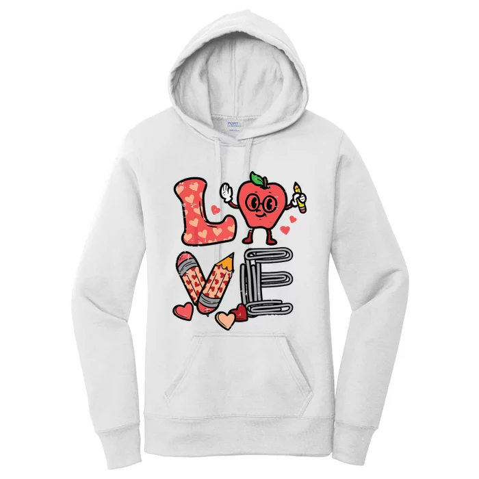 Love Valentines Day Apple Retro School Prek Teacher Women's Pullover Hoodie