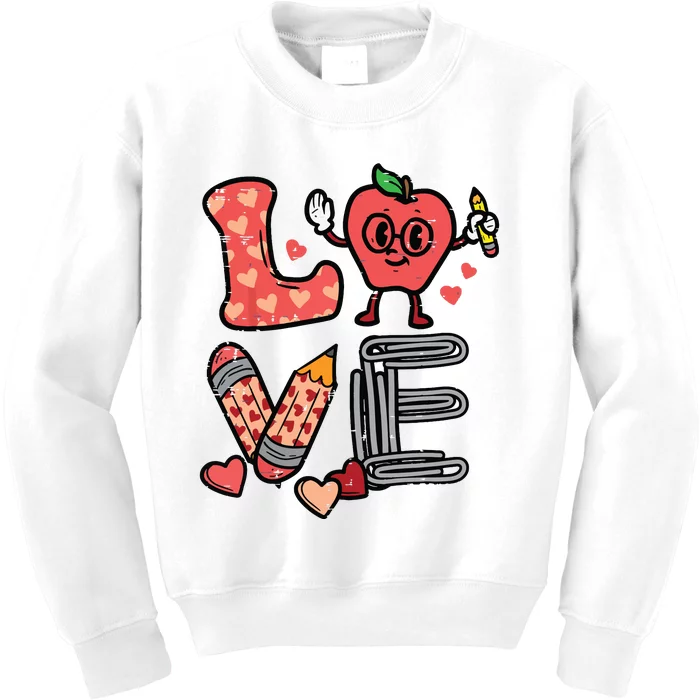 Love Valentines Day Apple Retro School Prek Teacher Kids Sweatshirt