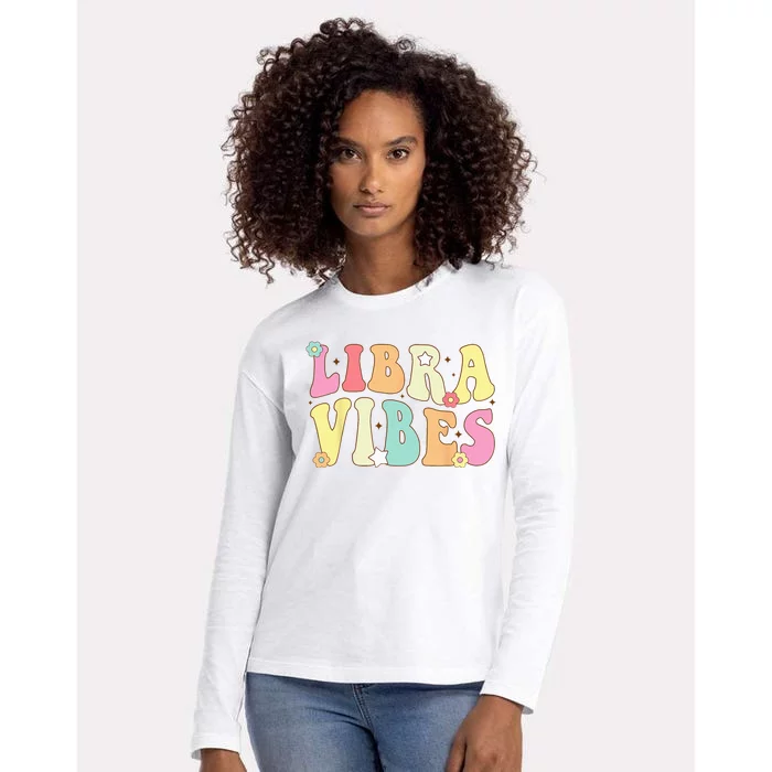 Libra Vibes Groovy Zodiac Birthday Womens Cotton Relaxed Long Sleeve T-Shirt