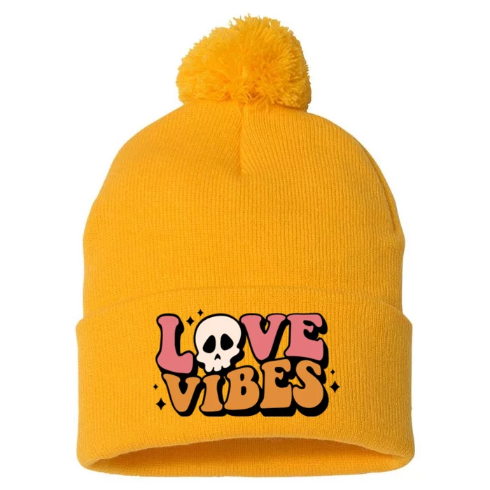 Love Vibes Skull Valentine’S Day Pom Pom 12in Knit Beanie