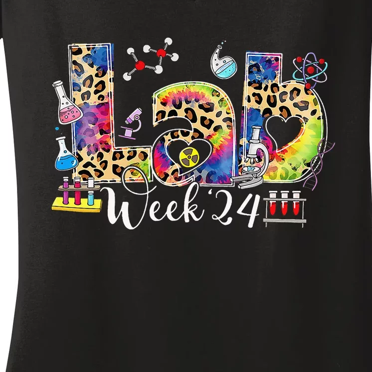 Lab Week 2024 Laboratory Tech Leopard Medical Technician Women's V-Neck T-Shirt