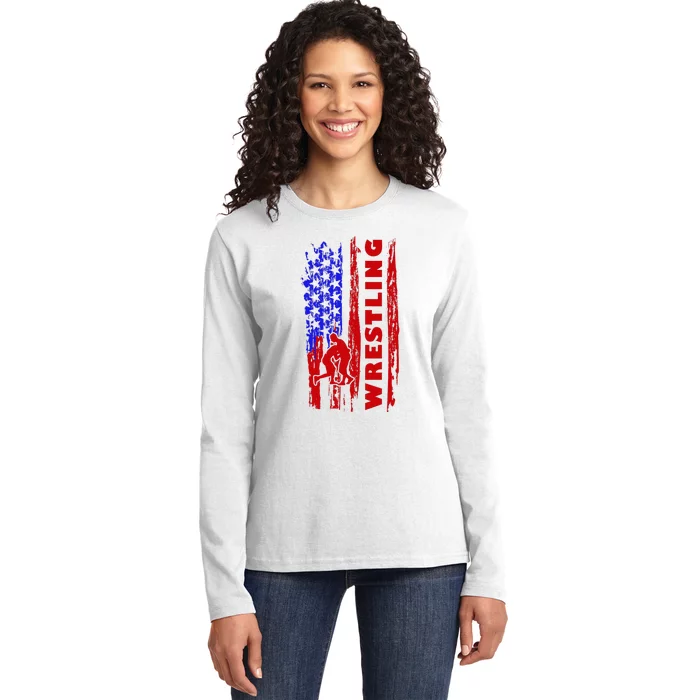 Love Wrestling American Flag Wrestling Coaches Ladies Long Sleeve Shirt