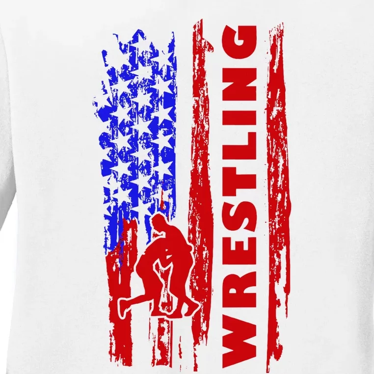 Love Wrestling American Flag Wrestling Coaches Ladies Long Sleeve Shirt