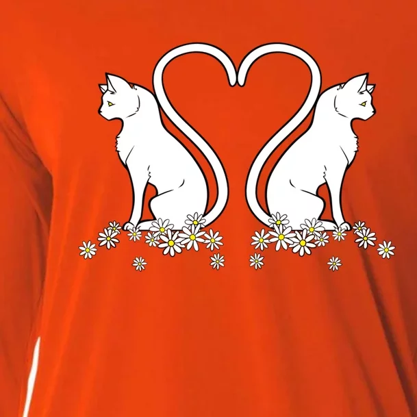 Lovely White Cat Flower Design Cats Heart Shape Tails Gift Cooling Performance Long Sleeve Crew