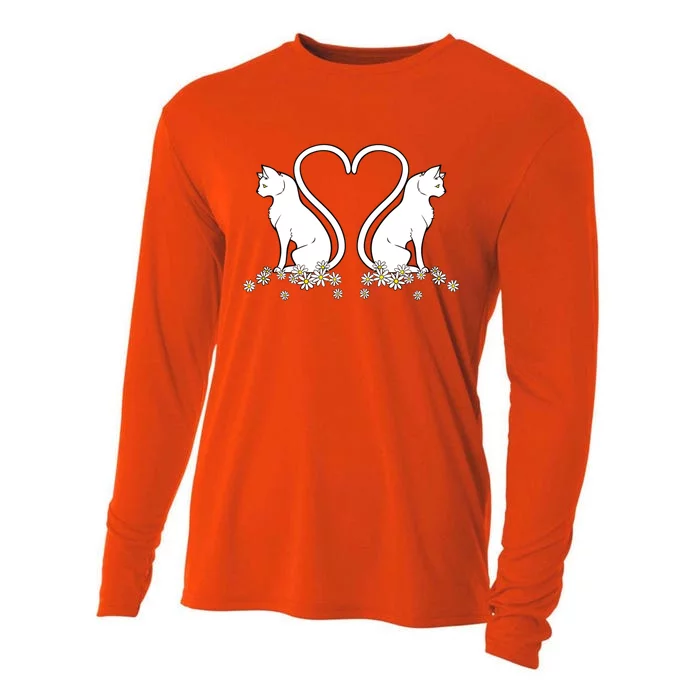 Lovely White Cat Flower Design Cats Heart Shape Tails Gift Cooling Performance Long Sleeve Crew