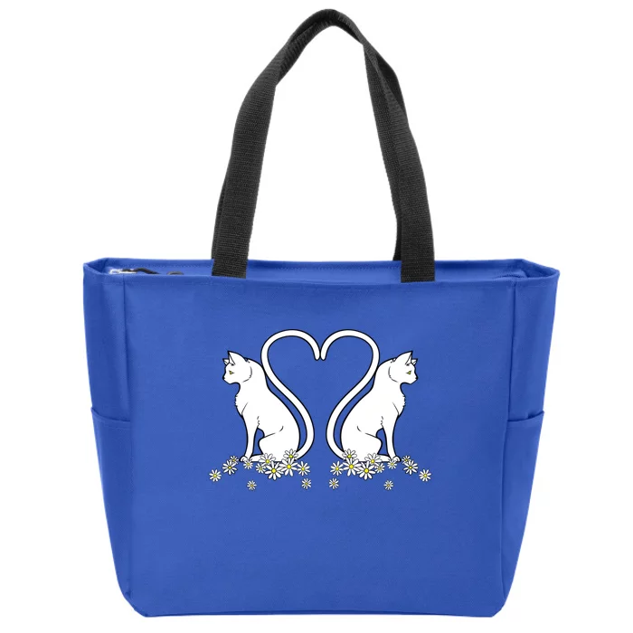 Lovely White Cat Flower Design Cats Heart Shape Tails Gift Zip Tote Bag