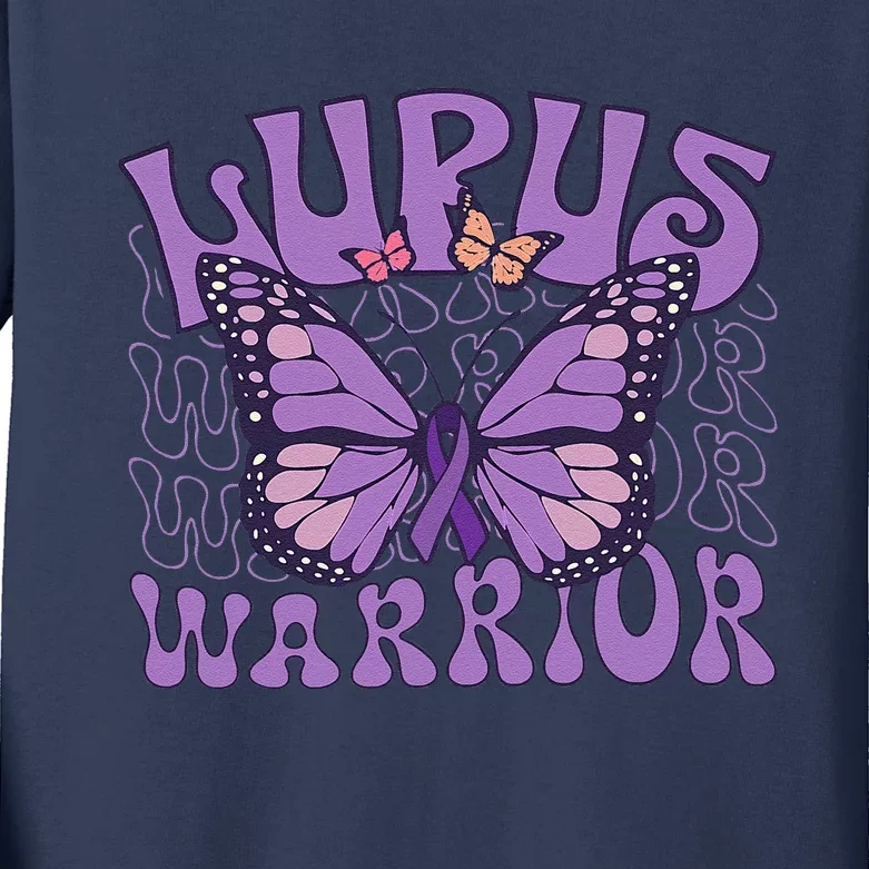 Lupus Warrior Fighter Purple Butterflies Support Flower Kids Long Sleeve Shirt