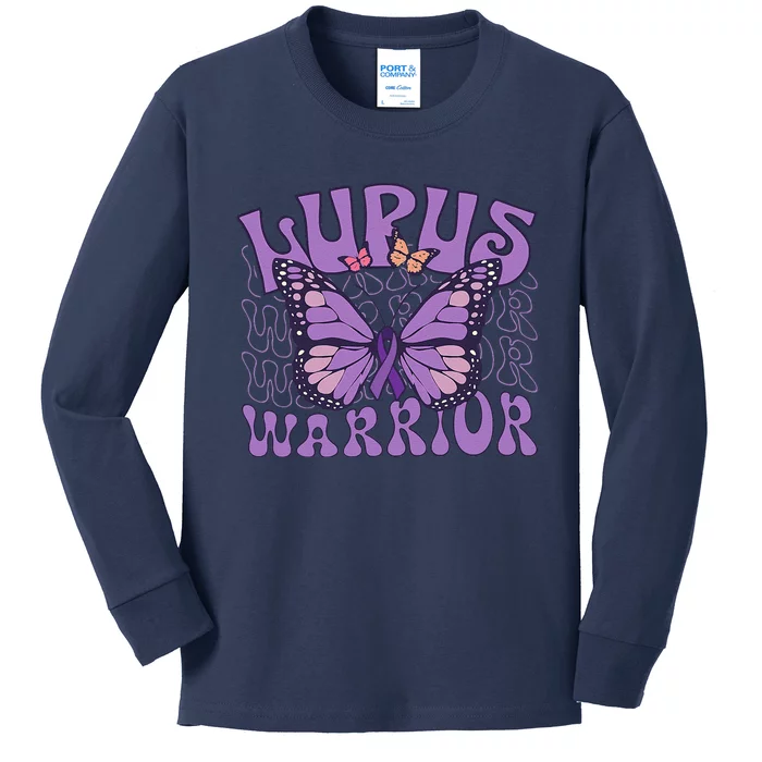 Lupus Warrior Fighter Purple Butterflies Support Flower Kids Long Sleeve Shirt