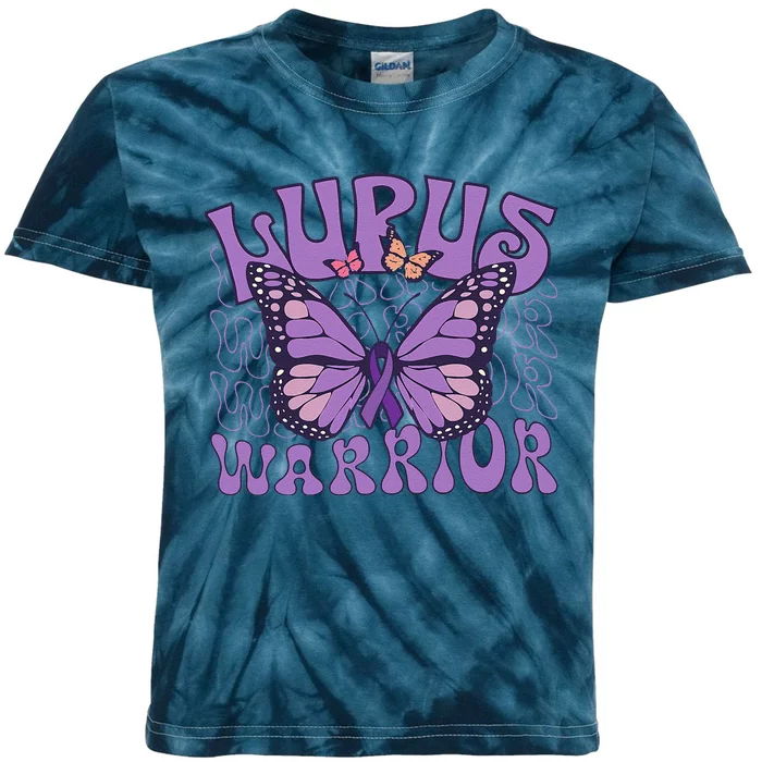 Lupus Warrior Fighter Purple Butterflies Support Flower Kids Tie-Dye T-Shirt