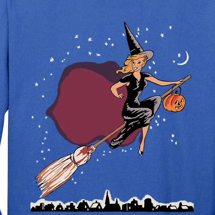 Lovely Witch Flying On Her Broom On A Starry Halloween Night Cool Gift Tall Long Sleeve T-Shirt