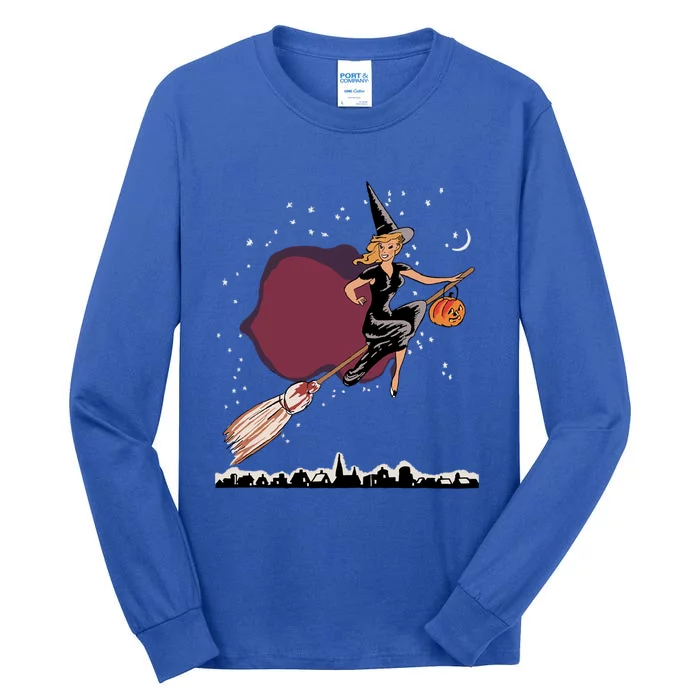 Lovely Witch Flying On Her Broom On A Starry Halloween Night Cool Gift Tall Long Sleeve T-Shirt